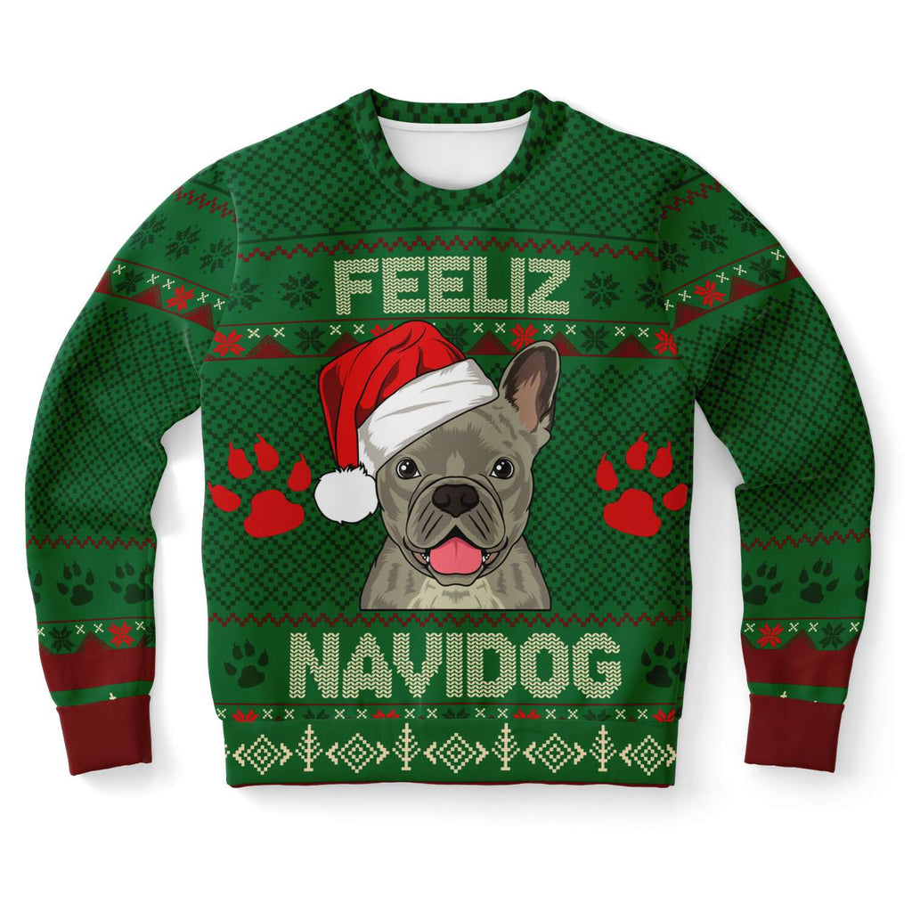 -Funny all-over-print unisex sweatshirt made of soft and comfortable cotton/polyester/spandex blend material with brushed fleece interior! Each panel is individually printed, cut and sewn to ensure a flawless graphic that won't crack or peel. Mens womens Christmas feliz navidad dog humor frenchie puppy pullover jumper-XS-