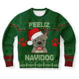 -Funny all-over-print unisex sweatshirt made of soft and comfortable cotton/polyester/spandex blend material with brushed fleece interior! Each panel is individually printed, cut and sewn to ensure a flawless graphic that won't crack or peel. Mens womens Christmas feliz navidad dog humor frenchie puppy pullover jumper-XS-