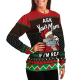 -Funny all-over-print unisex sweatshirt made of soft and comfortable cotton/polyester/spandex blend with brushed fleece interior. Each panel is individually printed, cut and sewn to ensure a flawless graphic that won't crack or peel. Mens womens Christmas pullover jumper ugly sweater santa claus your mom mommy joke-