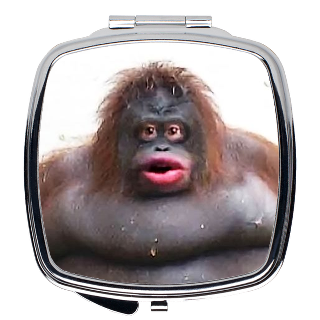 -Compact mirrors in choice of two shapes, 2" round or 2.25" rounded square. Dual mirrors with a sturdy silver outer frame. Vibrant printed image with durable, scratch resistant coating! Made to order, shipped from the USA. funny uh oh stinky poop meme orangutan monkey face viral ugly beauty weird wtf gross gag gift-Square-2.25x2.25 inch-