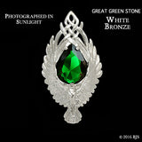 Lord of the Rings ELESSAR Brooch, Sterling Silver or White Bronze, USA-The Elessar, also known as the Stone of Eärendil, is a silver eagle brooch set with a great green stone given to Aragorn by Galadriel as the fellowship departed Lothlórien in JRR Tolkien's The Fellowship of the Ring. This officially licensed replica is individually handcrafted in fine white bronze or sterling silver. -White Bronze-Great Green Stone-