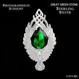Lord of the Rings ELESSAR Brooch, Sterling Silver or White Bronze, USA-The Elessar, also known as the Stone of Eärendil, is a silver eagle brooch set with a great green stone given to Aragorn by Galadriel as the fellowship departed Lothlórien in JRR Tolkien's The Fellowship of the Ring. This officially licensed replica is individually handcrafted in fine white bronze or sterling silver. -Sterling Silver-Great Green Stone-
