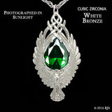-Pendant necklace version of The Elessar, a silver eagle brooch set with a great green stone given to Aragorn by Galadriel as the fellowship departed Lothlórien in JRR Tolkien's The Fellowship of the Ring. Officially licensed Middle Earth replica jewelry. Handcrafted in the USA of fine white bronze or sterling silver. -White Bronze-Cubic Zirconia-24in Stainless Steel Rope Chain-