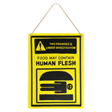 -Funny "! This Premises Is Under Investigation - Food May Contain Human Flesh" Metal Sign. Rust and fade resistant, 4 holes at corners for mounting or hanging. Free Shipping from abroad. Humorous horror cannibal burger warning people bob's halloween health inspector meat kitchen caution prop replica restaurant decor-