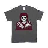 Crmson Ghost Graphic Tee, Classic Horror Icon, Small to 5X, Low Prices-100% cotton Gildan fine jersey fitted unisex tee. 3-5 days from USA. Crimson Ghost classic serial horror film icon. Skeleton with hooded skull, crossed skeletal hands. This skull faced fiend is the perfect grim reaper for punk rock pirates and misfits though few today would desire a post Cyclotrode X world. Haloween-Dark Heather Grey-Small (S)-