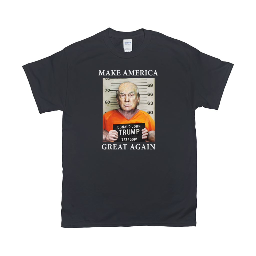 MAGA Mugshot Tee - Make America Great Again... Lock Him Up!-Soft 100% cotton Gildan fitted unisex graphic t-shirt. Made-to-order & shipped from the USA. Trump for Prison, Criminal fascist treason January 6th 2021 capitol riot incitement sedition, insurrection, corrupt complicit GOP, pandemic politics Save Democracy VOTE Anti-Trump political protest tee -Black-Small (S)-