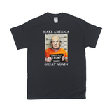 MAGA Mugshot Tee - Make America Great Again... Lock Him Up!-Soft 100% cotton Gildan fitted unisex graphic t-shirt. Made-to-order & shipped from the USA. Trump for Prison, Criminal fascist treason January 6th 2021 capitol riot incitement sedition, insurrection, corrupt complicit GOP, pandemic politics Save Democracy VOTE Anti-Trump political protest tee -Black-Small (S)-