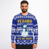 -Funny all-over-print unisex sweatshirt made of soft, comfortable cotton/polyester/spandex blend with brushed fleece interior. Each panel is individually printed, cut & sewn to ensure a flawless graphic that won't crack or peel. funny veganism vegetarian winter holiday hanukkah christmas mens womens jumper ugly sweater-