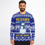 -Funny all-over-print unisex sweatshirt made of soft, comfortable cotton/polyester/spandex blend with brushed fleece interior. Each panel is individually printed, cut & sewn to ensure a flawless graphic that won't crack or peel. 
funny veganism vegetarian winter holiday hanukkah christmas mens womens jumper ugly sweater-