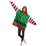 Christmas Elf Costume Snug Blanket Hoodie, One Size Minky Micro Fleece-Fun and festive Elf costume pattern one-size fits all wearable blanket. Snuggle blanket hoodie with silky smooth micro-mink polyester exterior and ultra soft microfiber fleece interior lining. Quality, high definition holiday helper all over print design. Snuggle up and stay in, warm blanket when the weather turns cold-