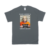 MAGA Mugshot Tee - Make America Great Again... Lock Him Up!-Soft 100% cotton Gildan fitted unisex graphic t-shirt. Made-to-order & shipped from the USA. Trump for Prison, Criminal fascist treason January 6th 2021 capitol riot incitement sedition, insurrection, corrupt complicit GOP, pandemic politics Save Democracy VOTE Anti-Trump political protest tee -Charcoal-Small (S)-