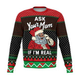 -Funny all-over-print unisex sweatshirt made of soft and comfortable cotton/polyester/spandex blend with brushed fleece interior. Each panel is individually printed, cut and sewn to ensure a flawless graphic that won't crack or peel. Mens womens Christmas pullover jumper ugly sweater santa claus your mom mommy joke-