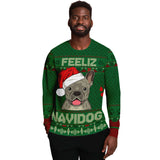 -Funny all-over-print unisex sweatshirt made of soft and comfortable cotton/polyester/spandex blend material with brushed fleece interior! Each panel is individually printed, cut and sewn to ensure a flawless graphic that won't crack or peel. Mens womens Christmas feliz navidad dog humor frenchie puppy pullover jumper-