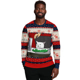 -Funny all-over-print unisex sweatshirt made of soft and comfortable cotton/polyester/spandex blend with brushed fleece interior. Each panel is individually printed, cut and sewn to ensure a flawless graphic that won't crack or peel. Mens womens Christmas pullover jumper ugly sweater print memes couple matching joke. -