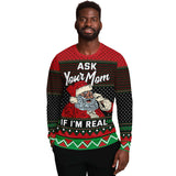 -Funny all-over-print unisex sweatshirt made of soft and comfortable cotton/polyester/spandex blend with brushed fleece interior. Each panel is individually printed, cut and sewn to ensure a flawless graphic that won't crack or peel. Mens womens Christmas pullover jumper ugly sweater santa claus your mom mommy joke-