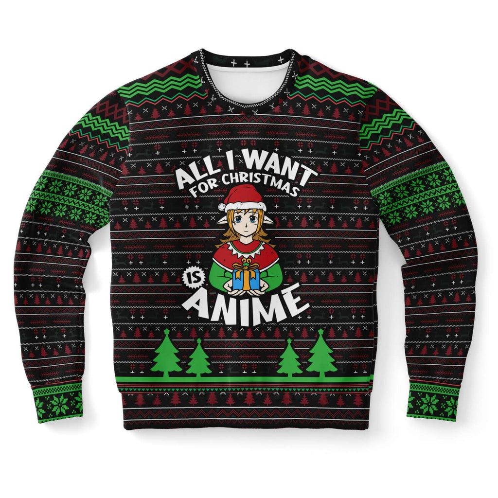 -Funny all-over-print unisex sweatshirt made of soft and comfortable cotton/polyester/spandex blend with brushed fleece interior. Each panel is individually printed, cut and sewn to ensure a flawless graphic that won't crack or peel. Mens womens Christmas pullover jumper ugly sweater print funny anime joke japanophile-XS-
