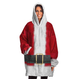 Santa Claus Costume Snug Blanket Hoodie, Warm Christmas Snuggle Wrap-A one-size fits all wearable blanket. This snug blanket hoodie is crafted from an outer silky micro-mink (faux) exterior, Ultra soft microfiber fleece interior lining. Unisex, One size fits all Teens & Adults up to size 4X. Made-to-order. 2 weeks to USA. Funny casual Christmas cosplay Santa suit. All over Print blanket-