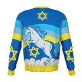 MAGICAL JEWNICORN SWEATSHIRT Jewish Unicorn Ugly Holiday Sweater Print-Funny all-over-print unisex sweatshirt made of soft, comfortable cotton/polyester/spandex blend with brushed fleece interior. Each panel is individually printed, cut and sewn to ensure a flawless graphic that won't crack or peel. Mens womens hanukkah Chanukah pullover jumper ugly sweater print jewish jew pun holiday-