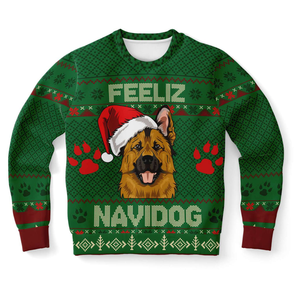 -Funny all-over-print unisex sweatshirt made of soft and comfortable cotton/polyester/spandex blend material with brushed fleece interior! Each panel is individually printed, cut and sewn to ensure a flawless graphic that won't crack or peel. Mens womens Christmas feliz navidad dog xmas humor puppy pullover jumper-XS-