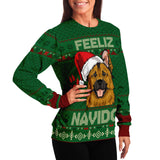 -Funny all-over-print unisex sweatshirt made of soft and comfortable cotton/polyester/spandex blend material with brushed fleece interior! Each panel is individually printed, cut and sewn to ensure a flawless graphic that won't crack or peel. Mens womens Christmas feliz navidad dog xmas humor puppy pullover jumper-