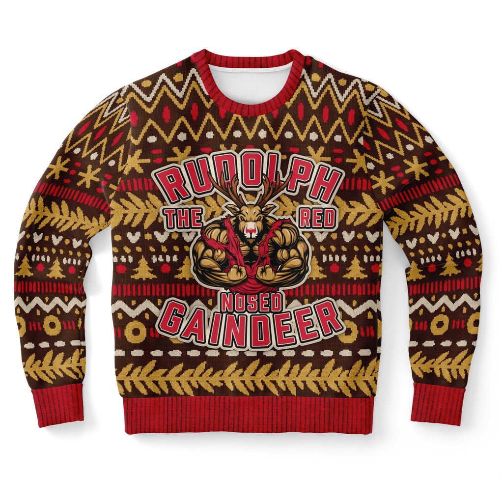 Rudolph The Red-Nosed Gaindeer Sweatshirt, Holiday Workout Ugly Jumper-Funny Rudolph the Red-Nosed Gaindeer holiday workout ugly sweater print sweatshirt. This pullover is crafted from a soft premium cotton, polyester and spandex blend with high definition all-over-printed design. Free Shipping Worldwide. Christmas Raindeer fitness pun graphic jumper. Unisex mens and womens xmas jumper.-XS-