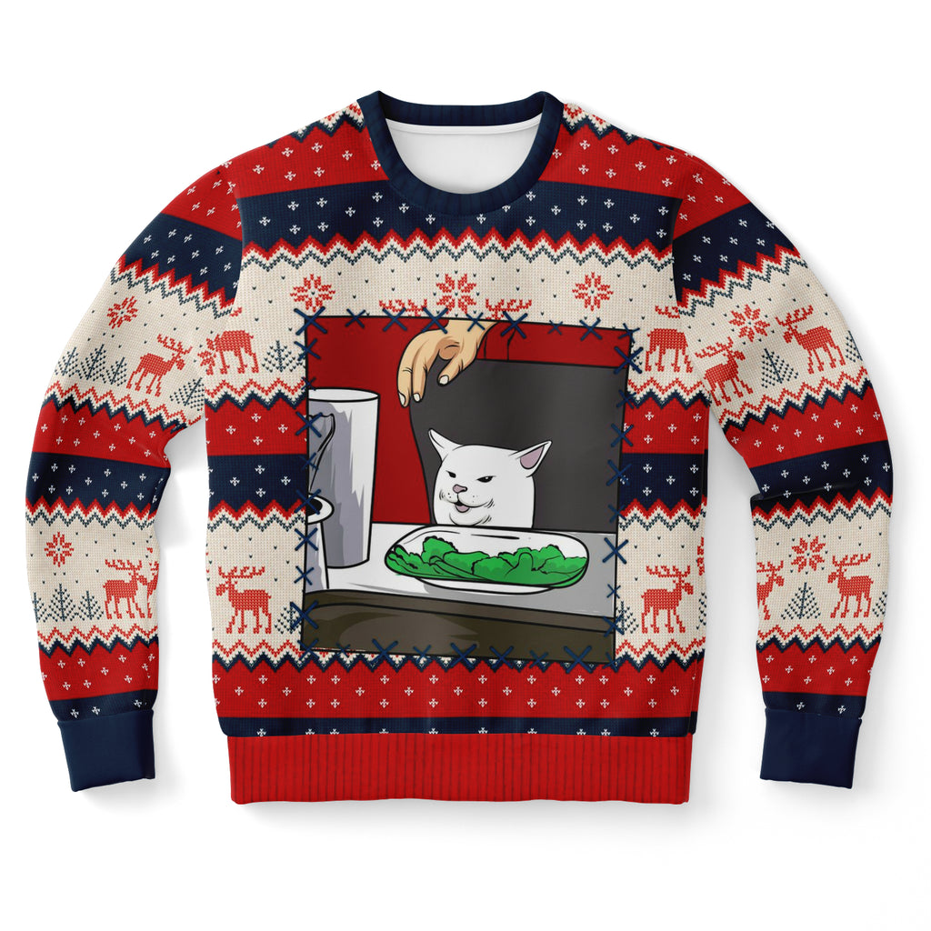 -Funny all-over-print unisex sweatshirt made of soft and comfortable cotton/polyester/spandex blend with brushed fleece interior. Each panel is individually printed, cut and sewn to ensure a flawless graphic that won't crack or peel. Mens womens Christmas pullover jumper ugly sweater print memes couple matching joke. -XS-