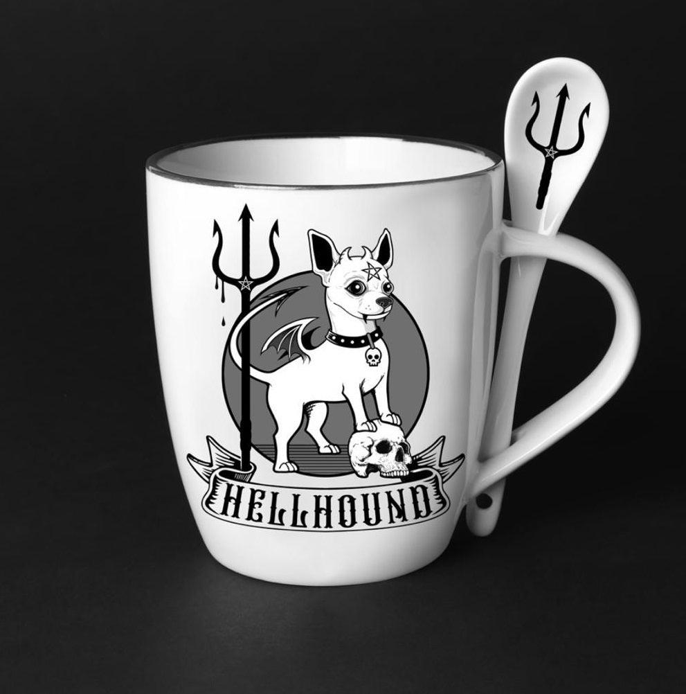 Hellhound Mug and Spoon Set, Alchemy Gothic Coffee/Tea Chihuahua Gift-Cause a stir! High quality ceramic cup with matching spoon. Genuine Alchemy Gothic product. Brand new in box. Ships from the USA. Funny cute unique chihuahua gothic home decor kitchenware gift devil dog evil possessed demon puppy halloween -