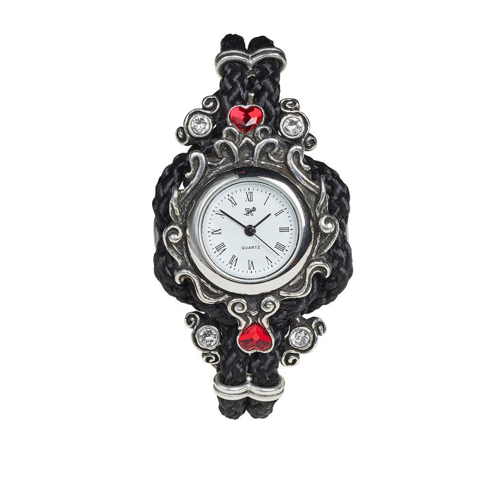 Retired Alchemy Gothic Affiance Watch-An elaborate and delicate looking wrist watch with braided black synthetic leather strap interwoven with the polished Fine English Pewter scroll-work frame which is studded with four clear and two red heart Austrian crystals. Brand New in box with Alchemy Lifetime Guarantee. Retired and Hard to Find. Ships from the USA.-