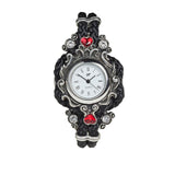 Retired Alchemy Gothic Affiance Watch-An elaborate and delicate looking wrist watch with braided black synthetic leather strap interwoven with the polished Fine English Pewter scroll-work frame which is studded with four clear and two red heart Austrian crystals. Brand New in box with Alchemy Lifetime Guarantee. Retired and Hard to Find. Ships from the USA.-