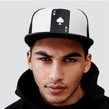 -Black cap with white front panel and embroidered black and white ace of spaces playing card with black embroidered spade symbol on the reverse. Snapback adjustment. One size fits most.Free shipping worldwide.

Aces spades baseball cap hiphop streetwear fashion asexual motorhead black and white.-