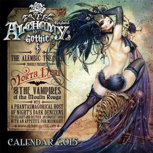 -Rare retired Alchemy Gothic 2015 "Morta Hari and the Vampires of Moulin Rouge" Wall Calendar featuring 13 incredible artworks, a phantasmagorical host of night's dark denizens to delight and disturb an unquiet soul with an appetite for midnight. Hard-to-find. New Old Stock, still factory sealed. Shipped from the USA.-