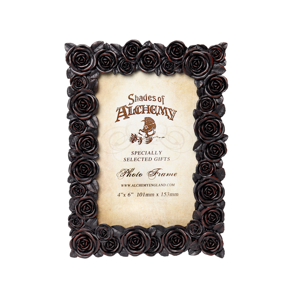 -A stunningly romantic black rose photo frame. Can be used freestanding or wall hung. Measures approximately 7.87" x 5.9", 0.75" deep and fits a 4x6" picture. Genuine Alchemy product, brand new in box. Ships from the USA. Dark decadent boudoir goth romantic halloween home decor -
