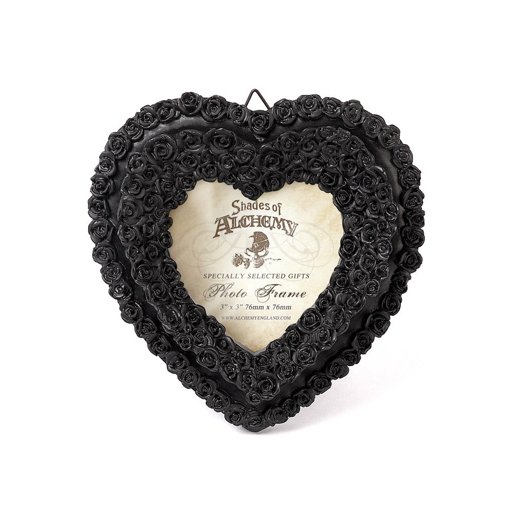 -Fine quality black resin heart shaped photo frame made up of small black roses. Fits a 3x3" picture and can be used freestanding or wall hung. Genuine Alchemy product, brand new in box. Shipped from the USA. Dark decadent boudoir goth romantic halloween home decor -