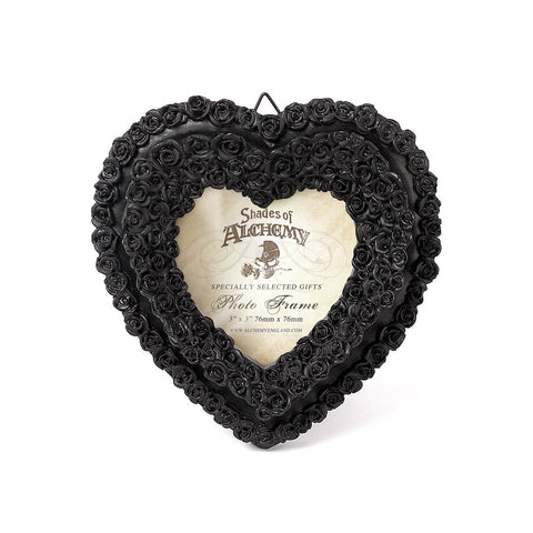 -Fine quality black resin heart shaped photo frame made up of small black roses. Fits a 3x3" picture and can be used freestanding or wall hung. Genuine Alchemy product, brand new in box. Shipped from the USA. 
Dark decadent boudoir goth romantic halloween home decor -664427000000