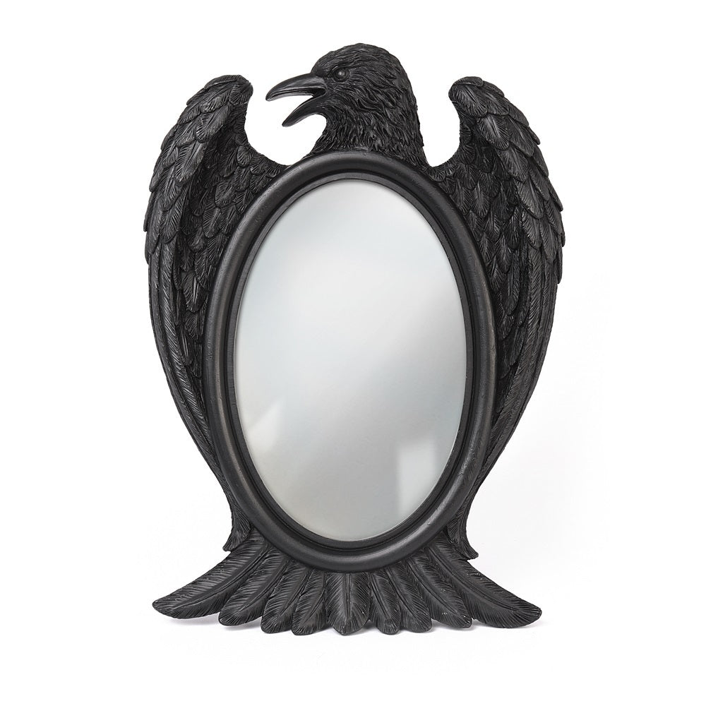 -Odin's oracle, wisest of birds and herald of the gods, bearing our whispered oaths to the halls of Valhalla. Glass mirror in high quality black resin raven frame. Designed for both tabletop use and wall hanging. Measures ~ 8.86x6.50" and 0.79 "deep. Genuine Alchemy product, brand new in box. Shipped from the USA.-