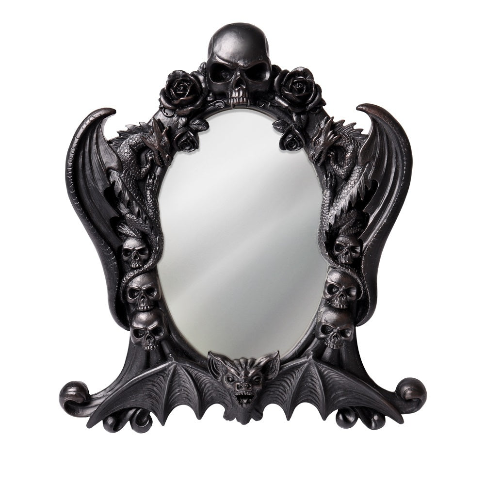 -Odin's oracle, wisest of birds and herald of the gods, bearing our whispered oaths to the halls of Valhalla. Glass mirror in high quality black resin raven frame. Designed for both tabletop use and wall hanging. Measures ~ 8.86x6.50" and 0.79 "deep. Genuine Alchemy product, brand new in box. Shipped from the USA.-