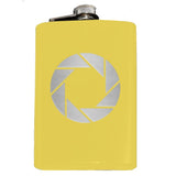 -Whether you're a photographer or are compelled to endless testing in the name of science, this camera aperture symbol flask is sure to please. Engraved 8oz Stainless Steel Pocket / Hip Flask, screw cap lid. Holds eight shots. Customizable by request. Optional flask or gift box with shot glasses.-Yellow-Just the Flask-725185479396