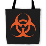 -High quality, woven polyester carryall tote bag with design on both sides. Durable and machine washable. Orange and black with large Biohazard caution symbol. Great gothic, punk or gamer accessory. This item is made-to-order and typically ships in 3-5 business days.-