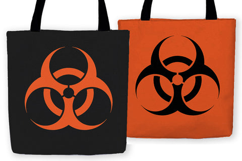 -High quality, woven polyester carryall tote bag with design on both sides. Durable and machine washable. Orange and black with large Biohazard caution symbol. Great gothic, punk or gamer accessory. This item is made-to-order and typically ships in 3-5 business days.-