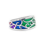 Rainbow PRIDE Scrollwork Ring - Small, Sterling Silver LGBTQIA Jewelry-LGBTQIA Pride ring handcrafted in Sterling Silver with a scrollwork embellished band, finished with bold and glossy rainbow enamel. Made in the USA. Stamped .925 Sterling Silver with jeweler's mark and copyright. US ring sizes 4.5 to 9, in whole and half sizes. Great custom LGBTQIA LGBTQX LGBT GLBT fine jewelry gift.-