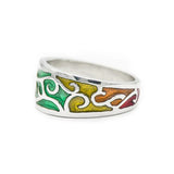 Rainbow PRIDE Scrollwork Ring - Small, Sterling Silver LGBTQIA Jewelry-LGBTQIA Pride ring handcrafted in Sterling Silver with a scrollwork embellished band, finished with bold and glossy rainbow enamel. Made in the USA. Stamped .925 Sterling Silver with jeweler's mark and copyright. US ring sizes 4.5 to 9, in whole and half sizes. Great custom LGBTQIA LGBTQX LGBT GLBT fine jewelry gift.-