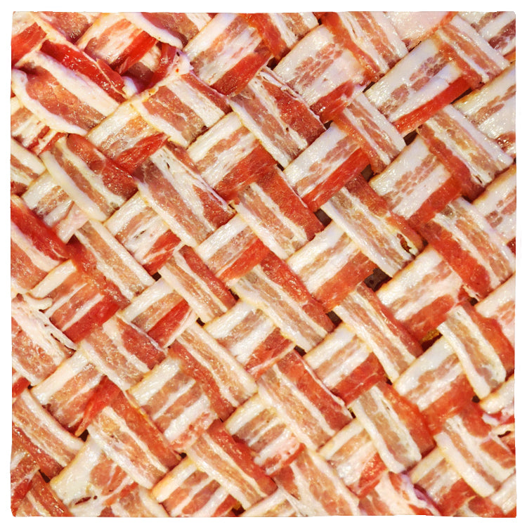 Bacon Weave Bandana, 24 x 24-Polyester jersey knit 24x24" bandana. Made-to-order and shipped from the USA. A bit of bacon for wherever you might need it. A funny and far less greasy alternative to putting actual fried fatty pork strips on your face or head. Far more suitable for use as a handkerchief. Not recommended for breakfast. Weird is good.-24x24 inch-