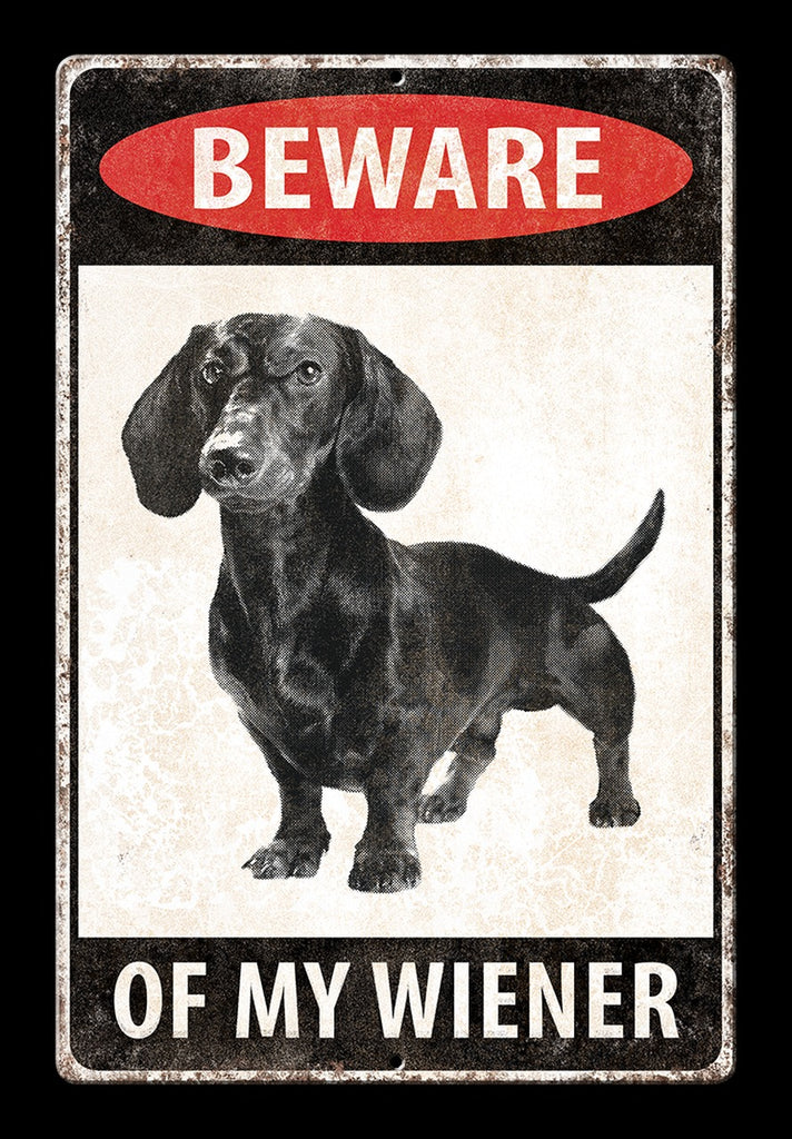 -Funny DANGER Rabid Wiener 'Enter at Your Own Risk' metal sign. Brand New. High quality lithograph print, scratch and rust resistant sign with folded corners and four holes for hanging or mounting. Measures 7.75 x 11.75 inches. Distressing effects in print. Made in the USA. Dachshund wiener-dog tin sign home decor.-