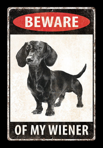 -Funny DANGER Rabid Wiener 'Enter at Your Own Risk' metal sign. Brand New. High quality lithograph print, scratch and rust resistant sign with folded corners and four holes for hanging or mounting. Measures 7.75 x 11.75 inches. Distressing effects in print. Made in the USA. Dachshund wiener-dog tin sign home decor.-