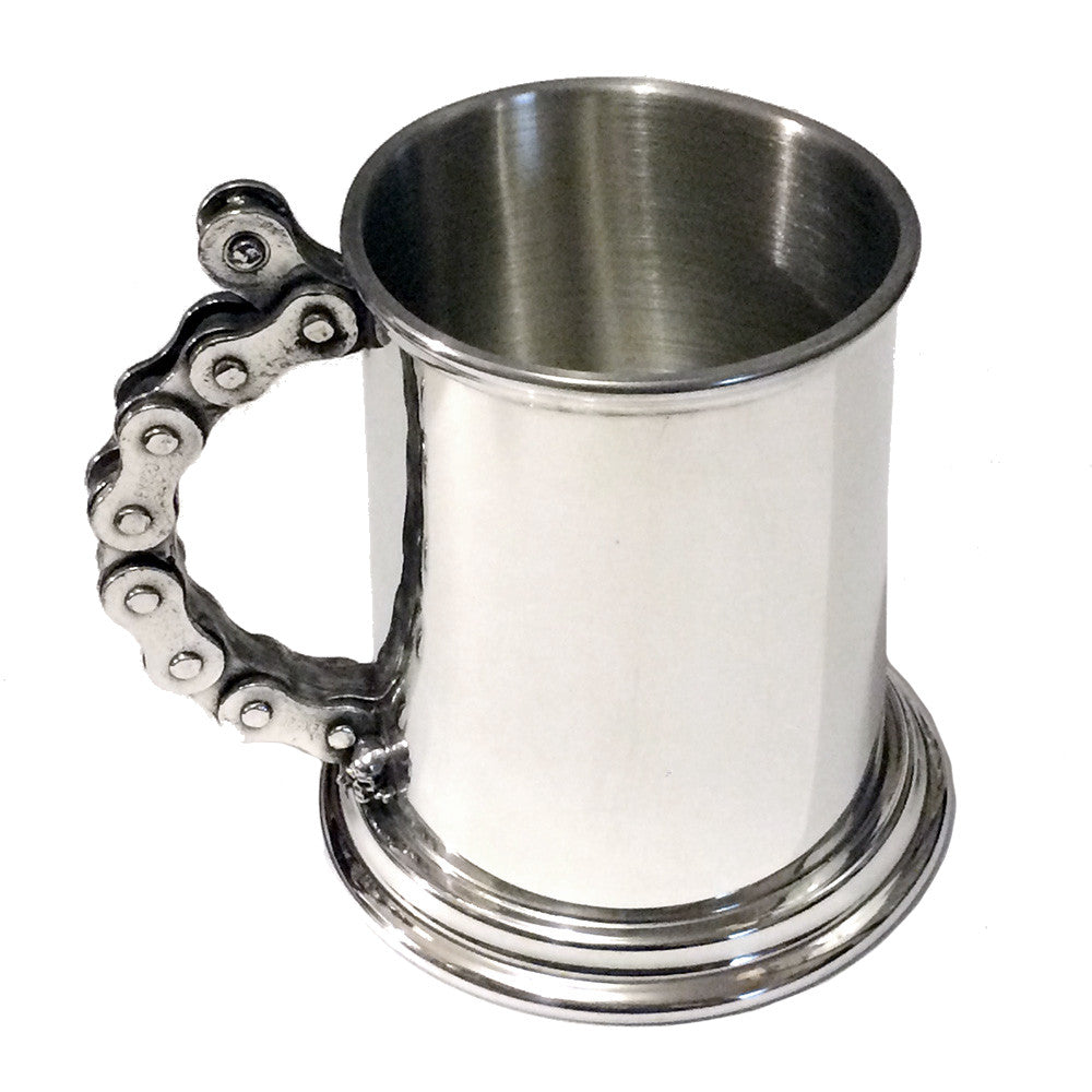 Rare Retired Alchemy Gothic 1990s BIKER TANKARD - New Old Stock in Box-Long Retired 1990s Alchemy Gothic Biker Tankard, AAT14, Traditional heavy-gauge, wide bore, polished pewter pint tankard with simulated bike chain handle. Handcrafted in Sheffield, England of lead-free, Fine English Pewter. New Old Stock in Original Box - Genuine Alchemy Product with Alchemy Lifetime Guarantee-