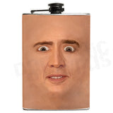 -Creepy Cage Face Flask - Brand New 8oz stainless steel flask with easy closure screw cap lid with meme artwork on waterproof vinyl that fully wraps around the flask. Measures 5.5" tall and 3.75" wide and holds eight shots. Choice of just the flask, flask & stainless steel funnel or with gift box containing stainless steel funnel shot glasses, -