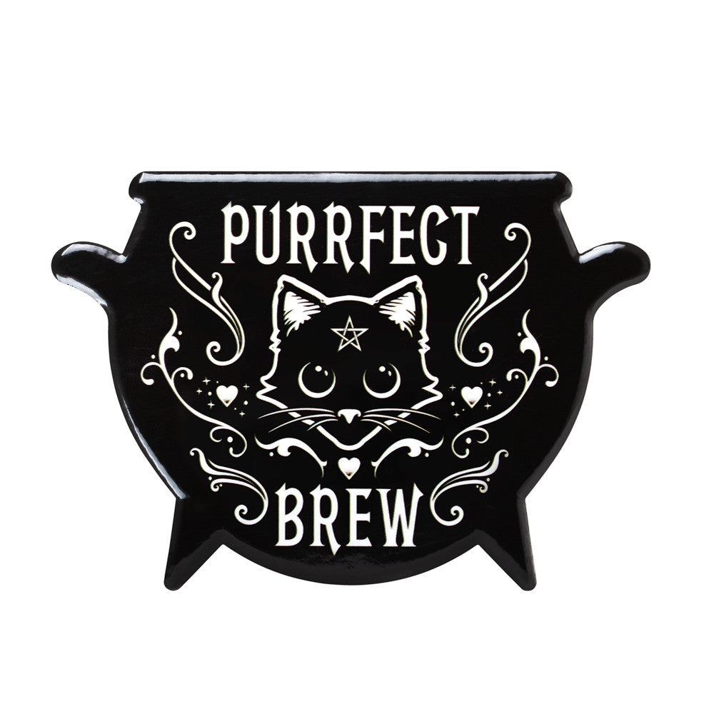 -A paw-some addition to any witch or warlocks kitchen. High quality, cauldron shaped ceramic coaster with non-slip cork back and unique Alchemy artwork. Heat proof and scratch resistant. Ships from the USA. funny witch witches wicca witchcraft halloween cauldron cats coffee tea gift gothic home decor-