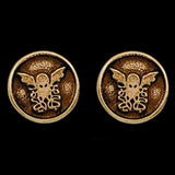 -Inspired by the Cthulhu mythos of H.P. Lovecraft, these stud style earrings are individually handcrafted in sterling silver and feature a bas relief image of Cthulhu, Elder God that first appeared in HP Lovecraft's short story, Call of Cthulhu. Made in and shipped from the USA. sterling silver 14k gold white gold-14k Gold-Antiqued Finish (as shown)-