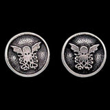 -Inspired by the Cthulhu mythos of H.P. Lovecraft, these stud style earrings are individually handcrafted in sterling silver and feature a bas relief image of Cthulhu, Elder God that first appeared in HP Lovecraft's short story, Call of Cthulhu. Made in and shipped from the USA. sterling silver 14k gold white gold-Sterling Silver-Antiqued Finish (as shown)-