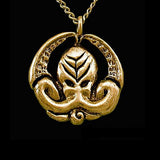 -Inspired by the writings of H.P. Lovecraft, Call of Cthulhu and The Shadow Over Innsmouth. Handmade Miskatonic medallion with chant engraved on the reverse: "Ph'nglui mglw'nafh Cthulhu R'lyeh wgah'nagl fhtagn" (In his house at R'lyeh dead Cthulhu waits dreaming) Jeweler handcrafted in the USA of high quality bronze. -